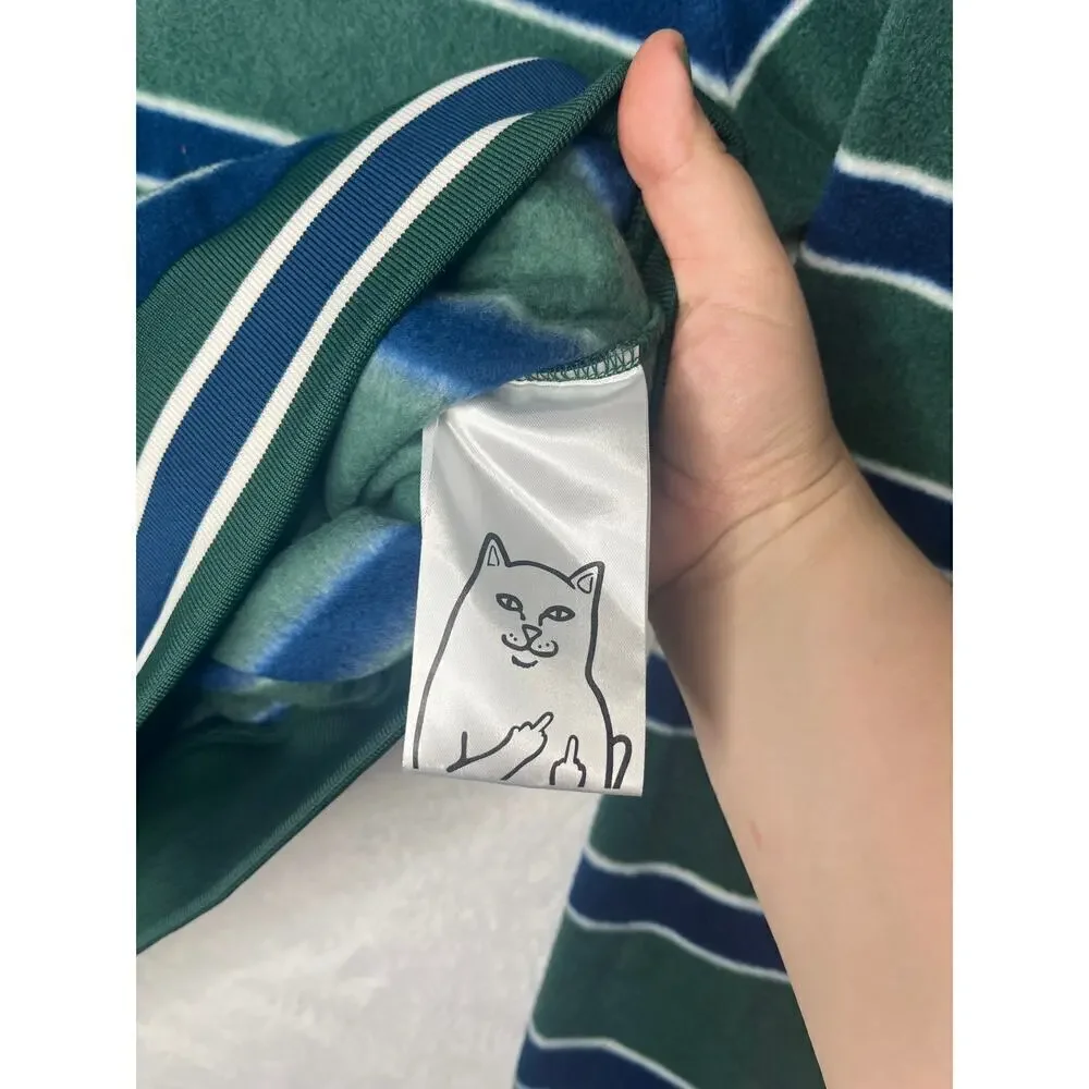 RipnDip Green Striped Long Sleeve Polar Fleece Crewneck Nermal Cat sz S Skater